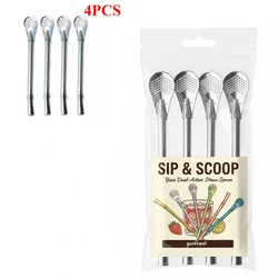 Eco - Friendly Reusable Stainless Steel Straw Spoon with Built - In Filter (Silver 4PCS)
