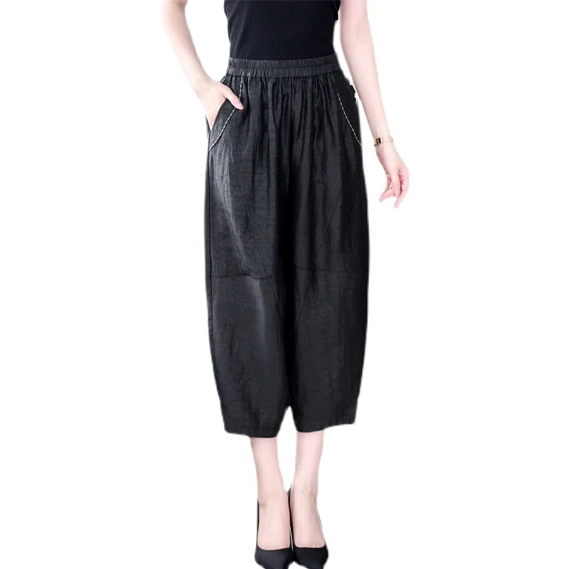 

High End Mulberry Silk Fragrant Cloud Gauze Pants Women Summer New Elastic Waistband Cuffed High Waisted Harun Pants