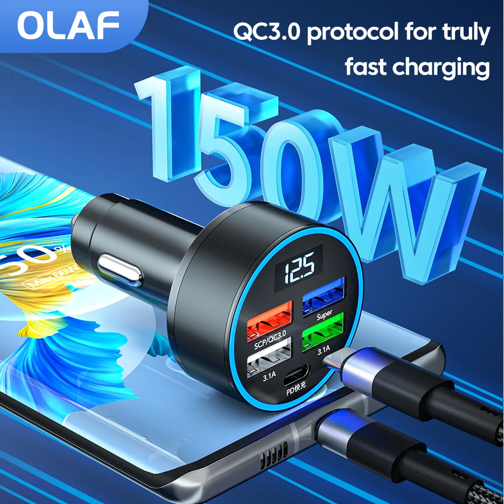 Caricabatteria Da Auto Usb Olaf 5 Porte 150W Ricarica Rapida Tipo C Pd Qc3.0 Caricatore Per Telefono Da Auto Usb C In Auto Per Iphone Samsung Huawei X