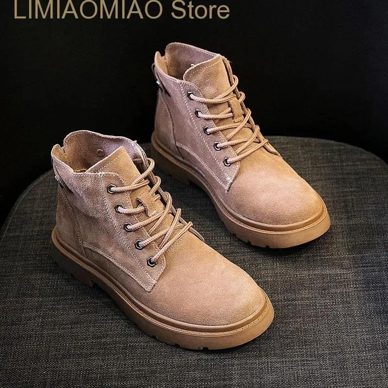 New Genuine Leather Women Autumn  Boots Cow Suede Winter Retro Ankle Boots Motorcycle Ladies British Style Booties