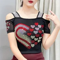 High Quality Women Short Sleeve Mesh Tees Clothes Luxury Love Heart Shiny Diamonds Summer T-Shirt Female Streetwear Fashion Tops