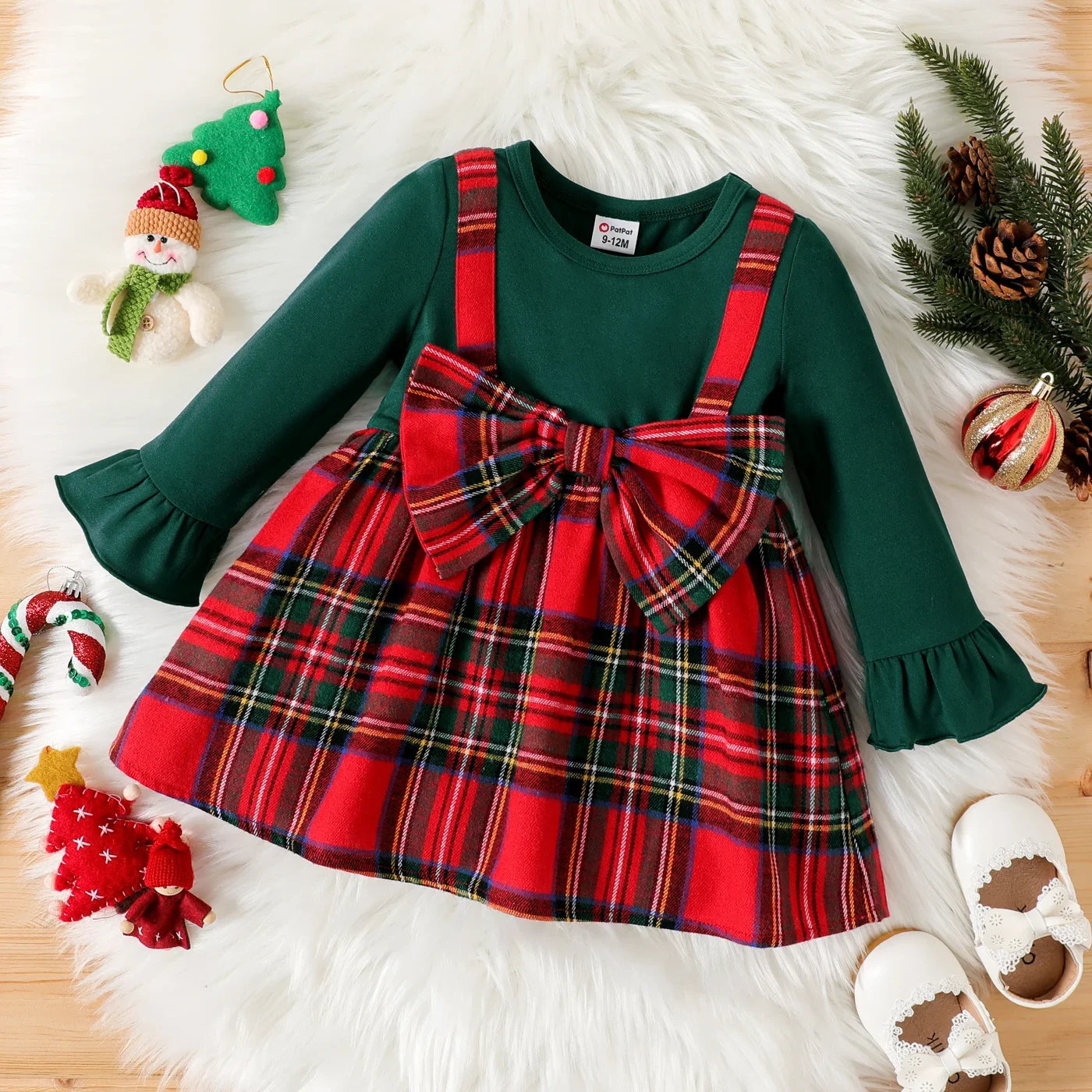 Baby Girl Dress PatPat Solid Long-sleeve Spliced Red Plaid Bow Front Outings Daily Wear Christmas