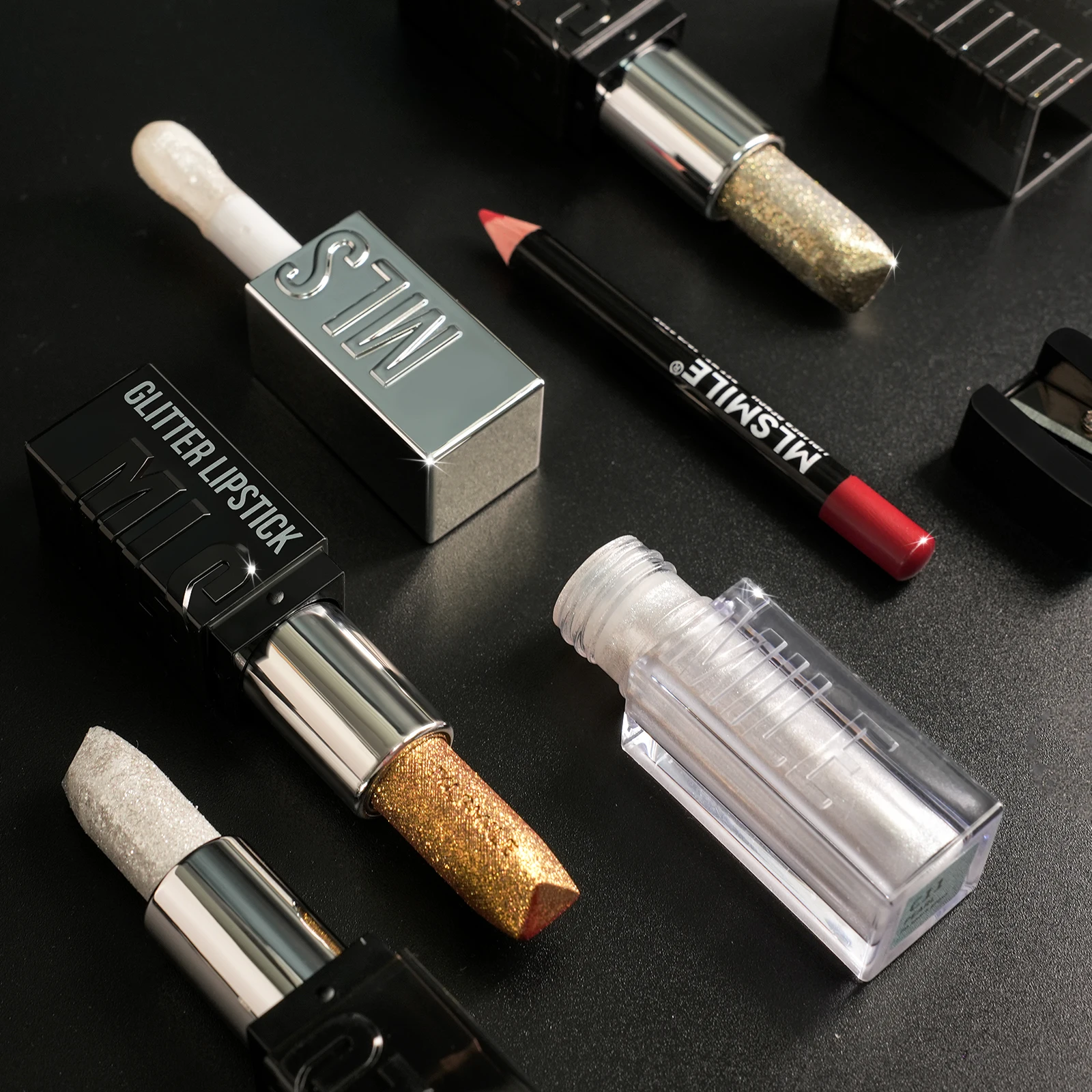 MLSMILE Multi-Combination Burst Lip Kit Fine Glitter Lipstick Lip Glaze + Liner Combo Free Roller Pencil