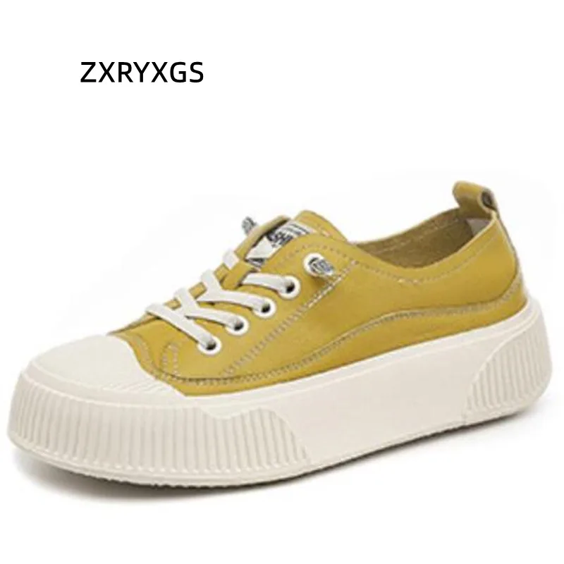 

ZXRYXGS Premium Soft Cowhide Women's Vulcanize Shoes Fashion Sneakers 2022 New Women Leather Sneakers Platform Flat Shoes Tide