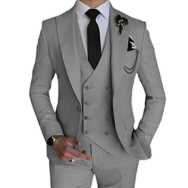 3 Pcs 2023 Fashion New Men Leisure Boutique Business Solid Color Wedding Suit Coat Pants Vest  Set Dress Blazers Jacket Trousers 2