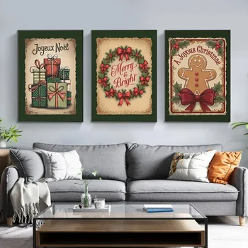 Vintage Christmas Gift Decoration Posters Red Wreath and Gingerbread Man Wall Art Canvas Painting for Bedroom Holiday Home Decor