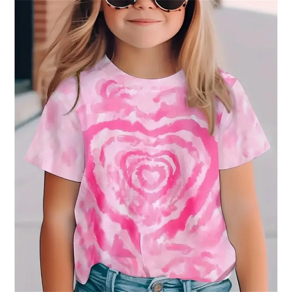 

2024 Summer Kids Girl Clothes Heart Pattern Print Clothing for Girls Short Sleeve T Shirt Child Boys Fashion Outdoor O-Neck Tops