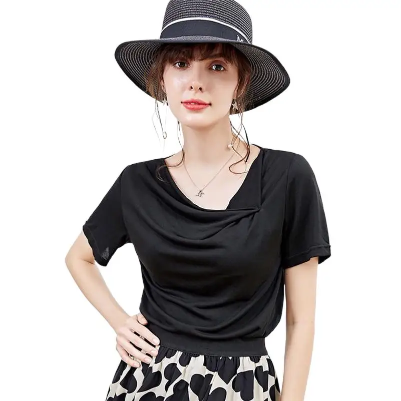 

Solid Color Short Sleeve Asymmetrical Collar T shirt 2022 Brand New Womens 95% Cotton T-Shirt Slim Tops