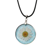 

New Handmade Bohemian resin dry flower Daisy Necklace transparent ball black leather chain round 45cm long, 1 piece