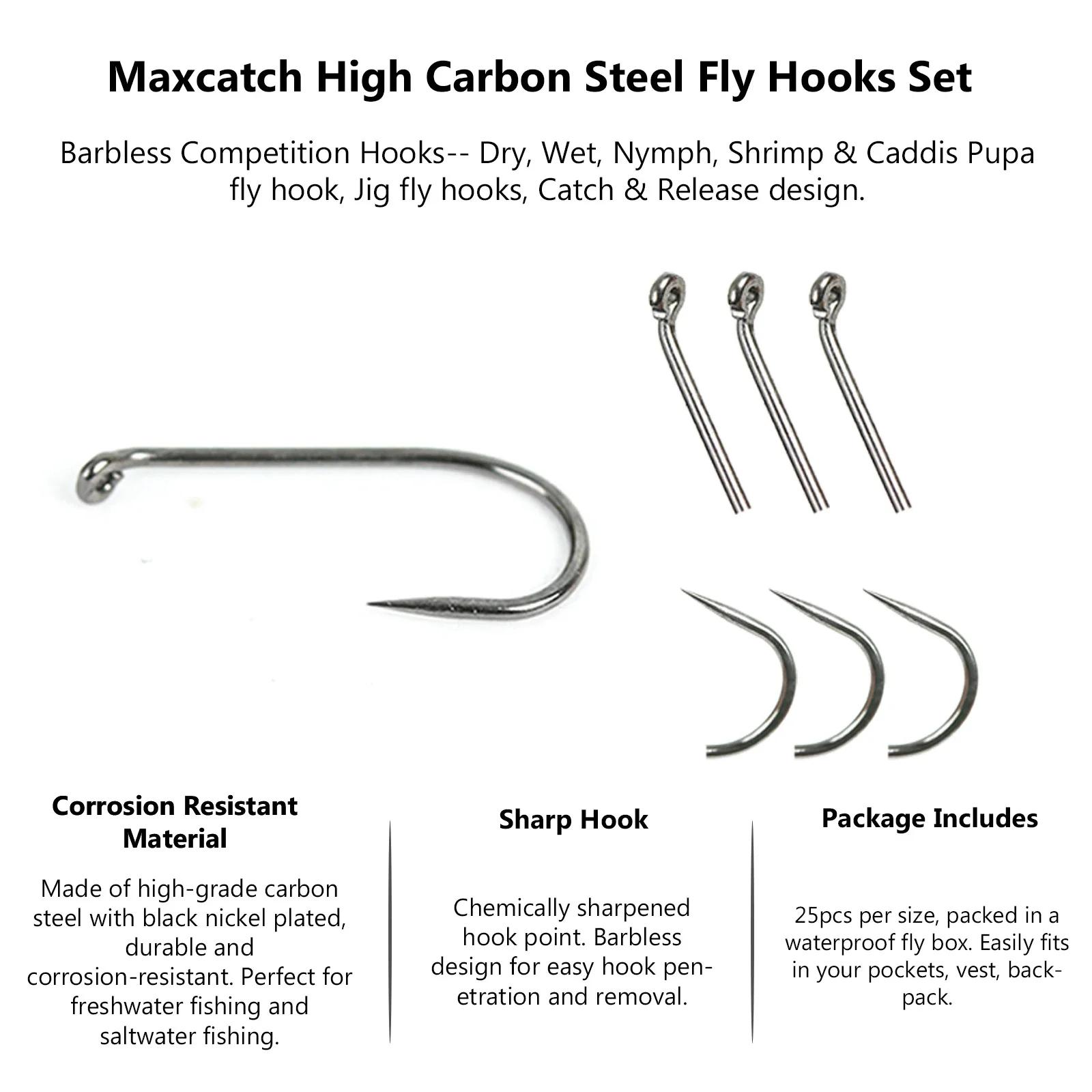 MAXCATCH 125-teiliges Set mit fliegenbindehaken ohne Widerhaken 6 # -18 # Nymphen-Jig Geschmiedete Fliegenfischerhaken für Forellen, Lachse, Barsche, Trocken- und Nassfliegen – Detail 5