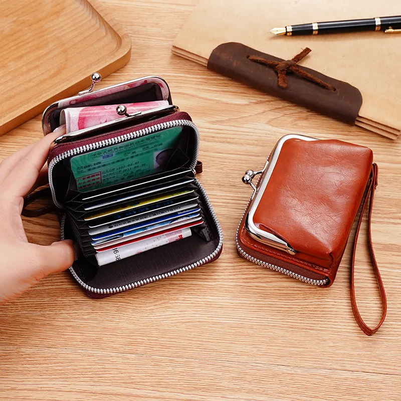 Women Card Holder Wallet Clutch Bag with Lanyard Leather Zipper Multi Card Slot Coin Purse