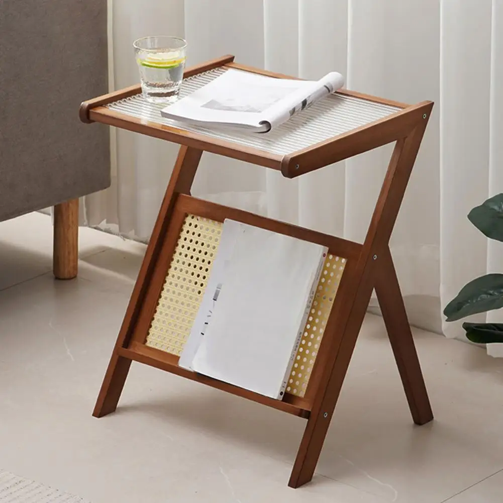 Bedside Table With Rattan Shelf Home Bedroom Living Room Small Space Bamboo Glass Bedside Coffee Table Wooden End Table