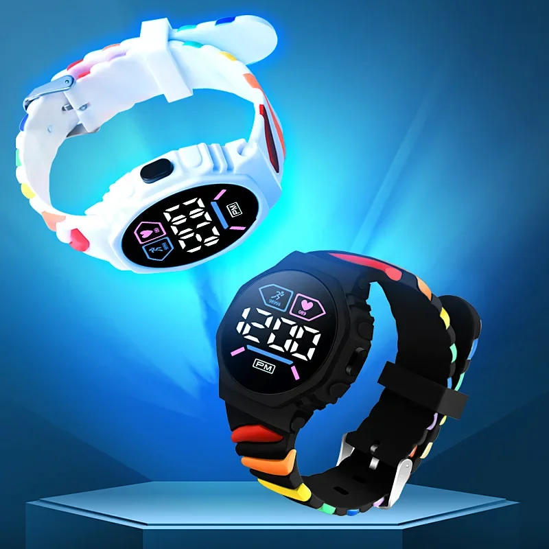 New Outdoor Sports Electronic Watch for Kids Rainbow Silicone Watch Strap Waterproof LED Children Digital Watches Girl Boy Gifts 3