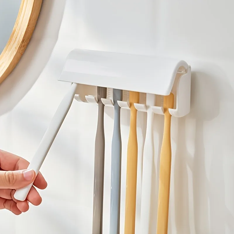 Compact Wall-Mounted Toothbrush Organizer with Cover and Self-Adhesive Backing