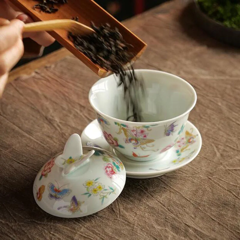 Glazed Enamel Butterfly Lid Sancai Gaiwan Tea Tureen Kungfu Tea Cup Infuser Bowl Set Kitchen Teaware