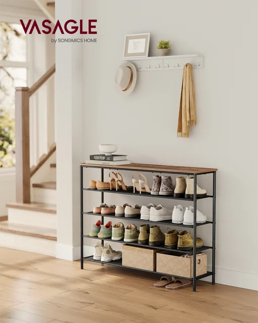 VASAGLE Shoe Rack 5 Tier, Narrow Shoe Storage Organiser for Wardrobe Hallway, with 4 Fabric Shelves and Top for Bags
