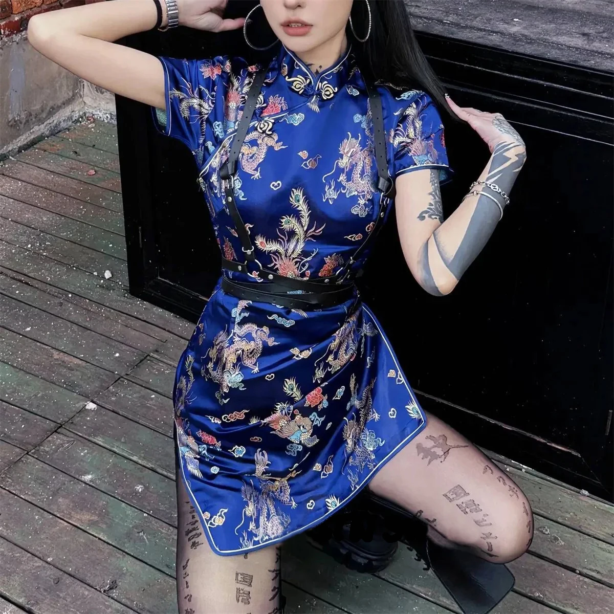 Plus Size Cheongsams Qipao Vintage Chinese Dress Dragon Phoenix Print Short Satin Gothic Streetwear Oriental Mini Dresses