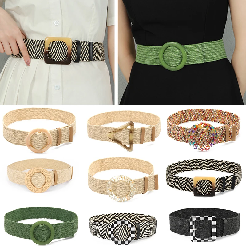 Fashion Bohemian Large Square Buckle Elastic Braided Belts Women Casual Wild Fake Straw Knitted Belt Beach Dress Shirt Waistband