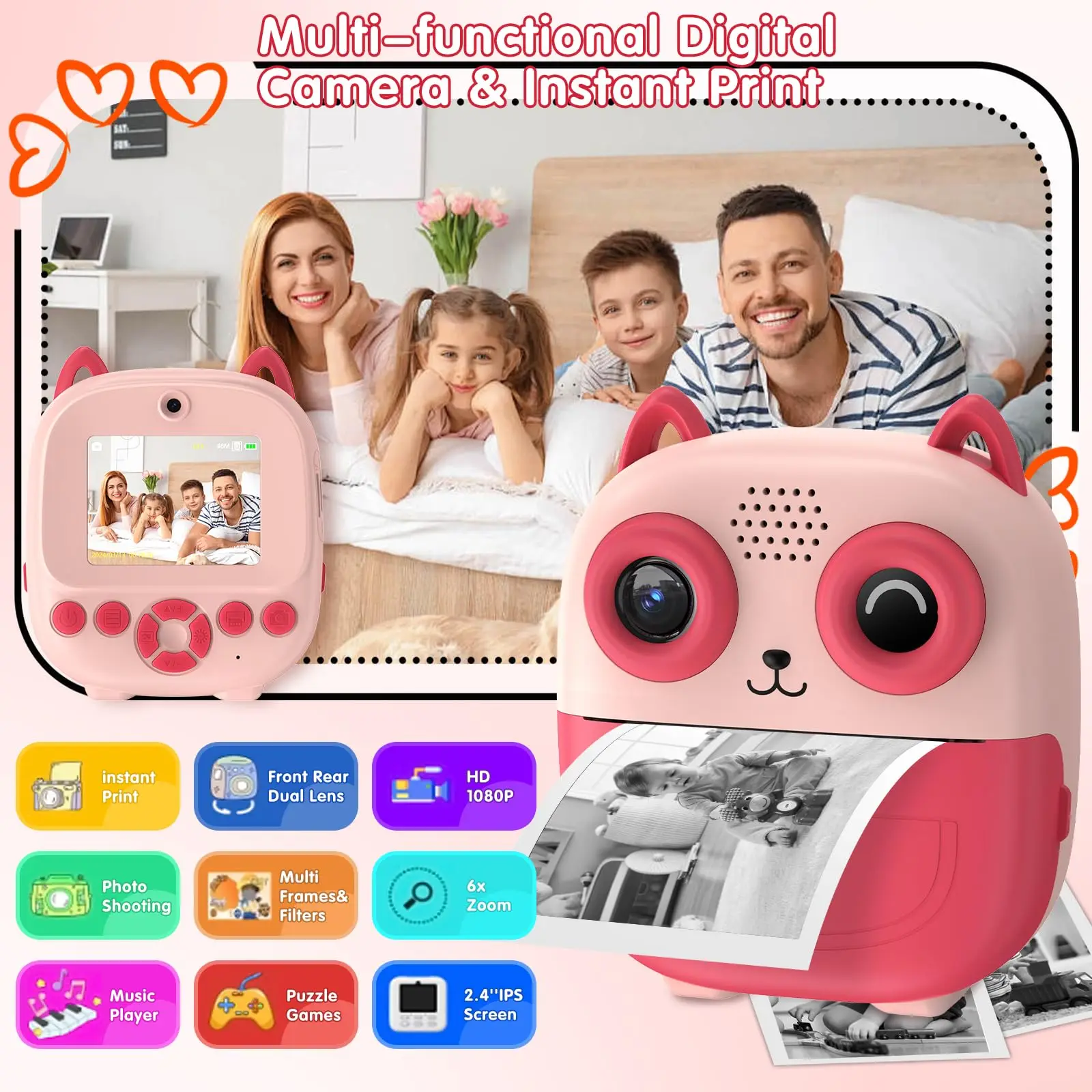 Camera Instant Print, Multifunctional Toddler Camera with Photo Printing Instantly, 2.4 Inch HD Screen Digital Camera for Photo