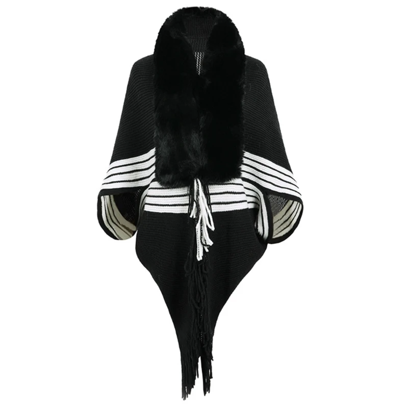 

Warm Fluff Faux Furs Collar Shawls Wraps Cardigan Sweater Coat Women Fringe Batwing Sleeve Ponchos Cardigans Outerwear