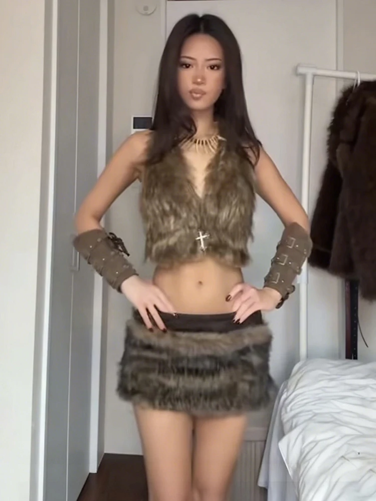 Nibber Hottie Backless 2-Piece Set Women Halter Lace-Up Tank Tops+Patchwork Peach Hip Skirt Matching Sexy Furry Club Outfits