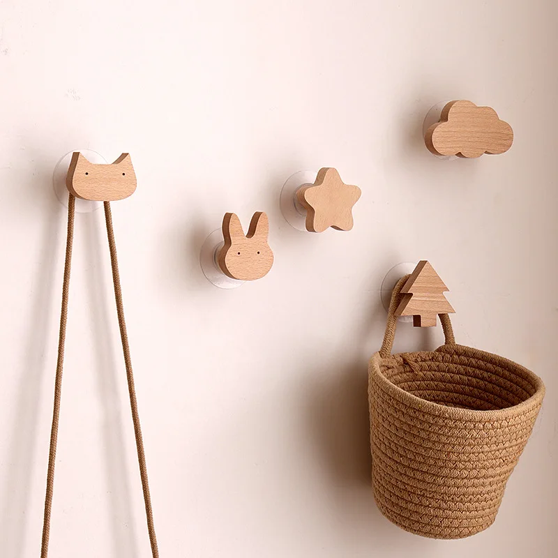 Star Moon wooden decoration Hooks Cute Cartoon animal adhesive wall omnipotent Hooks key holder for the wall home and decoration 4