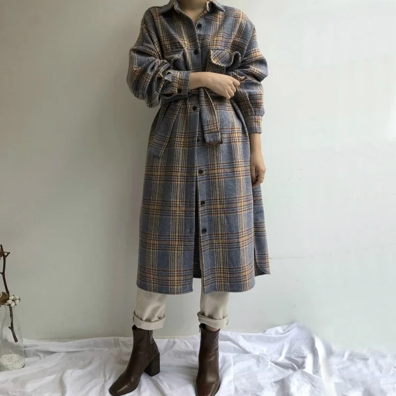 Women Winter Long Elegant Shirt Coat Long Sleeve Plus Size Woolen Plaid Overcoat Long Sleeve Outwear Vintage Autumn Jacket Cloak