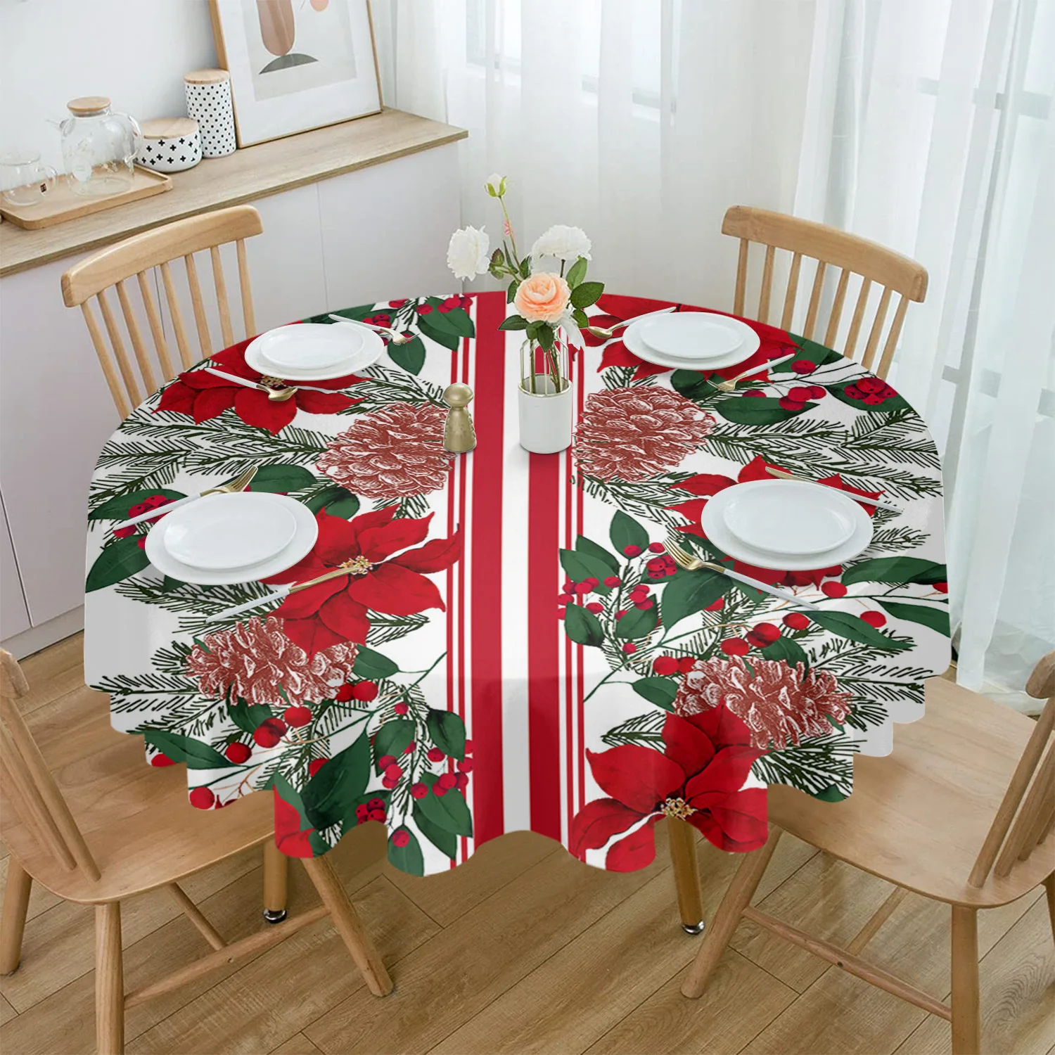 

Christmas Poinsettia Pine Needles Round Tablecloth Waterproof Wedding Party Table Cover Holiday Dining Table Tablecloth
