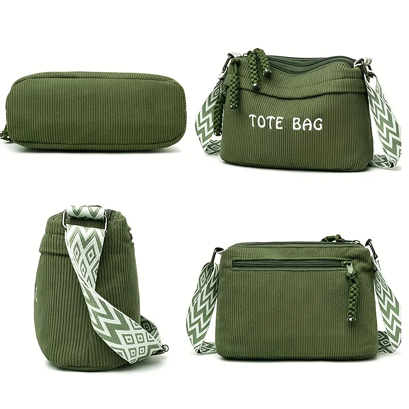 Women's Plush Fleece Tote Bag with Adjustable Strap Corduroy Handbag Shoulder Crossbody Bag Zipper Closure Golden Tone Hardware