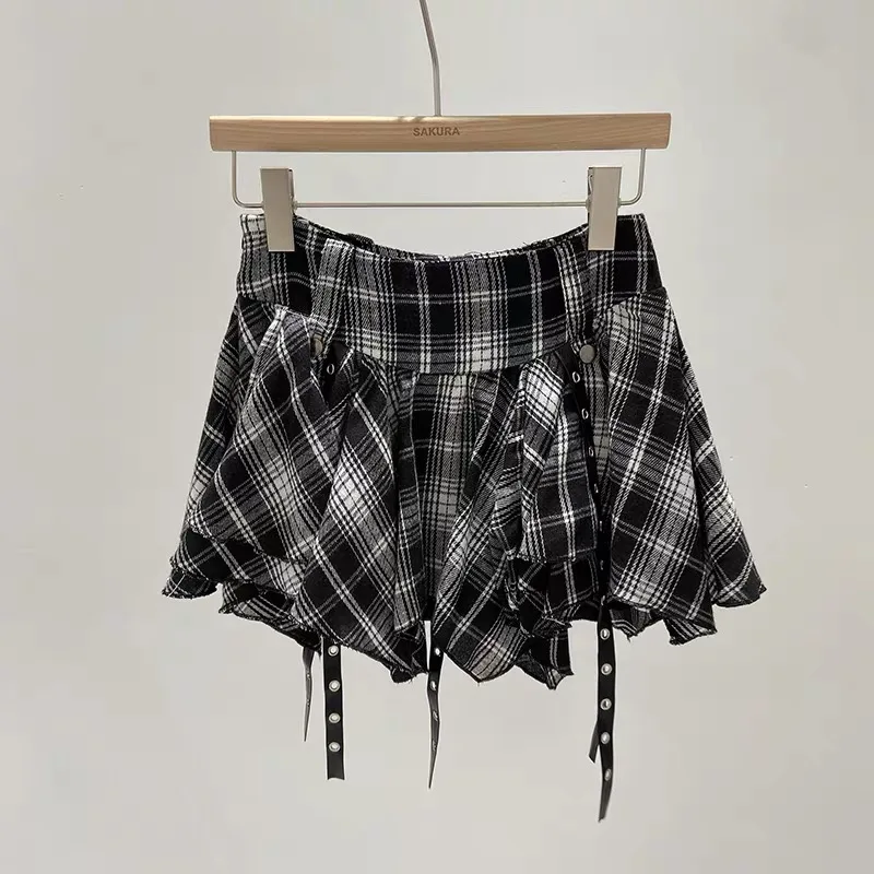 Asymmetrical Plaid Skirt with Straps High Waist Harajuku Mini Skirt Kpop Punk Gothic Red Black Tartan Skort Grunge Y2K Alt Girls - Image 3