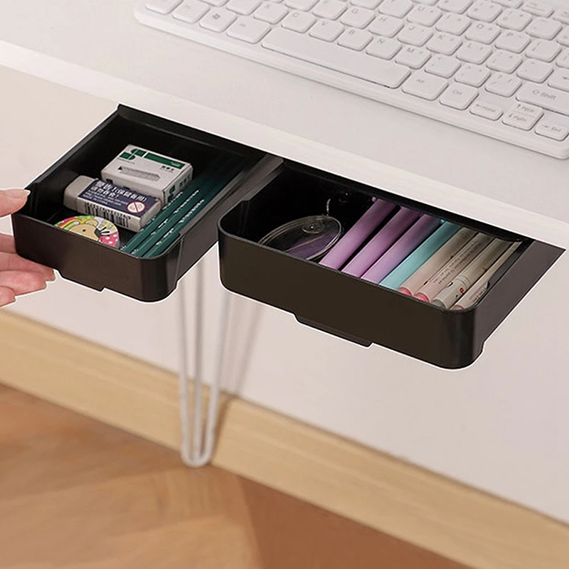 Self Adhesive Hidden Storage Box Desk Storage Drawer Plastic Table Holder Organizer