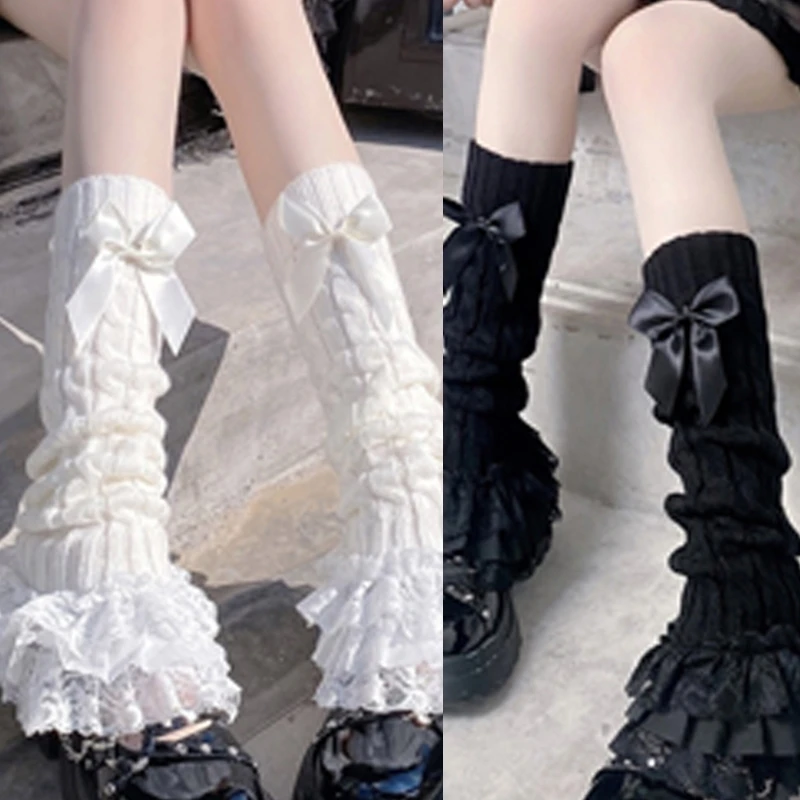 Bowknot Twist Cable Knit Leg Warmer Tiered Ruffled Lace Hem Leg Cover Socks