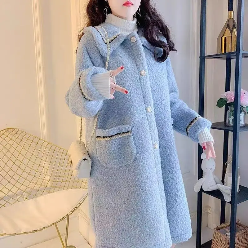 

2023 Autumn/Winter Korean Women's High Quality Lamb Wool Coat Double sided Cashmere Coat Long Sleeve Single breasted Coat