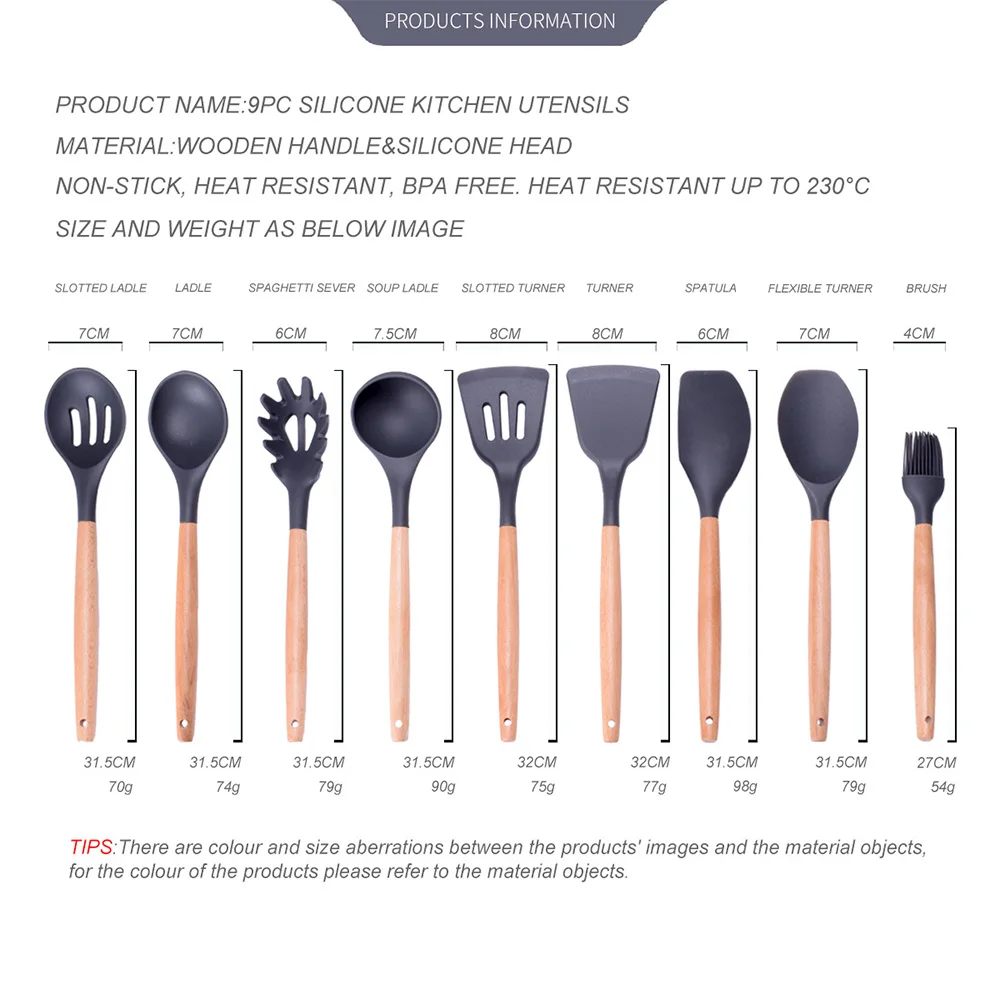9 Styles Retail Silicone Cooking Tools Silicone Wooden Handle Spoon Spatula Shovel Nonstick Cookware Kitchen Baking Gadgets
