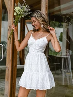 Spaghetti strap cotton white mini dress summer women Corset high waist ruffle dresses Elegant lace up vestid