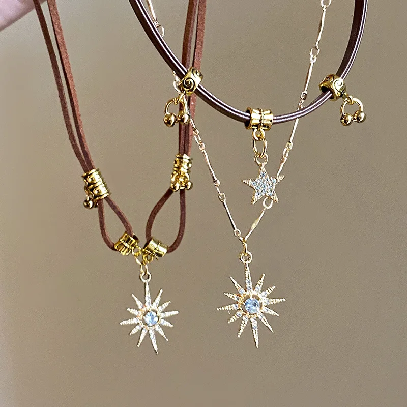 Fashion Sun Star Zircon Necklace for Women Vintage Leather