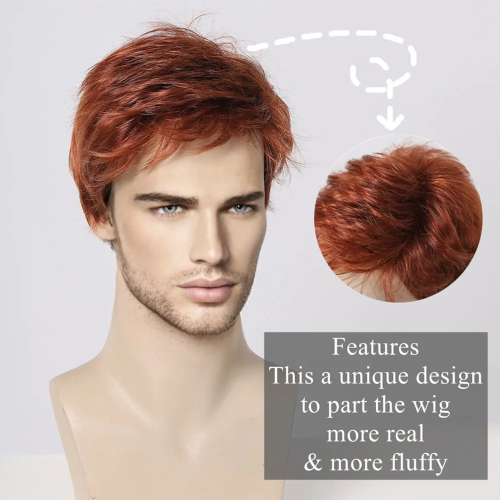 ALAN EATON Short Copper Red Wigs for Men Synthetic Fluffy Natural Wig Heat Resistant Halloween Cosplay Wig Auburn Pixie Cut Wig