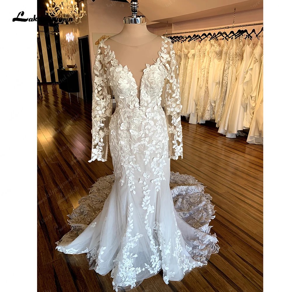

Роскошные кружевные свадебные платья Lakshmigown с длинными рукавами и юбкой-годе, модель 2024 года