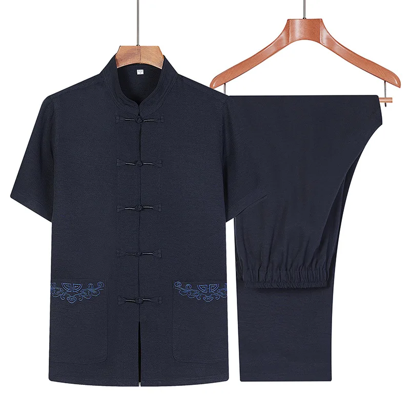

Summer Navy Blue Middle-aged And Old Men's Tang Suit Short-sleeved Pocket Chinese Style Imitation Hemp Grandpa Cloth Thin Style