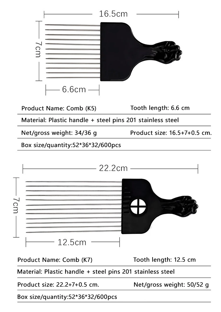 Black Metal African American Pick Comb Hair Combs Hair Comb for Hairdressing Styling Tool Salon Barber Shop Accessories 6 Style
