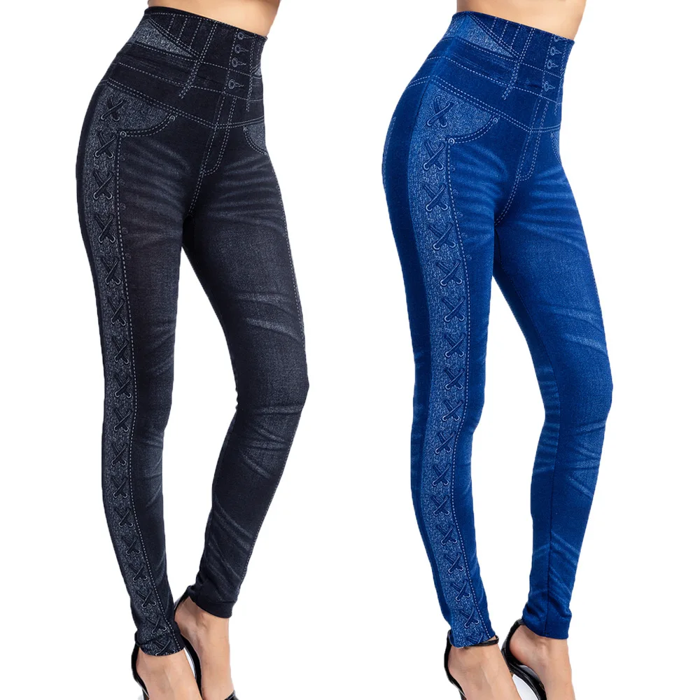

Blue Fake Pockets Leggings Stretch Well Fitness High Waist Leggings Faux Denim Jeans Sexy Elastic Jeggings Casual Pencil Pants