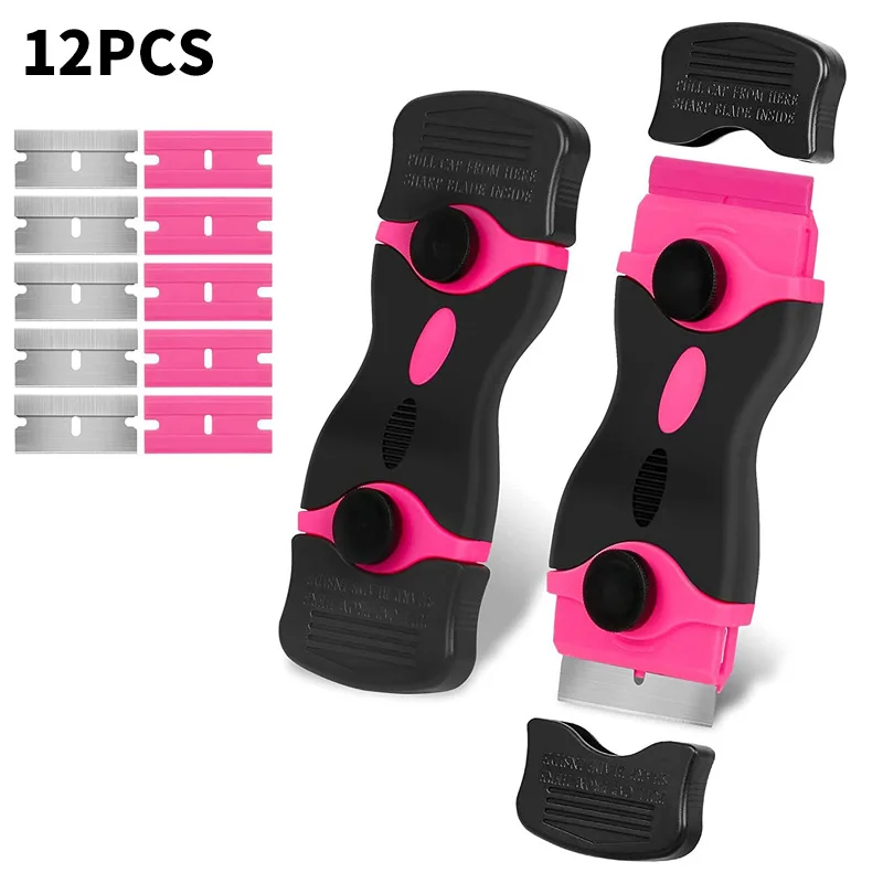 12pcs Pink Double Sided Scraper Tool With Spare Blade Wall Door Window Label Sticker Glue Residue Cleaning