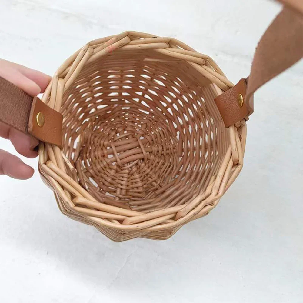 Rattan Woven Storage Basket Picnic Hanging Baskets With Leather Handle Garden Potted Plant Pot Creative Flower Vase Photo Props 5