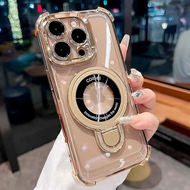 Deluxe Transparent Magnetic Shockproof Case with Adjustable Stand and Plating Finish