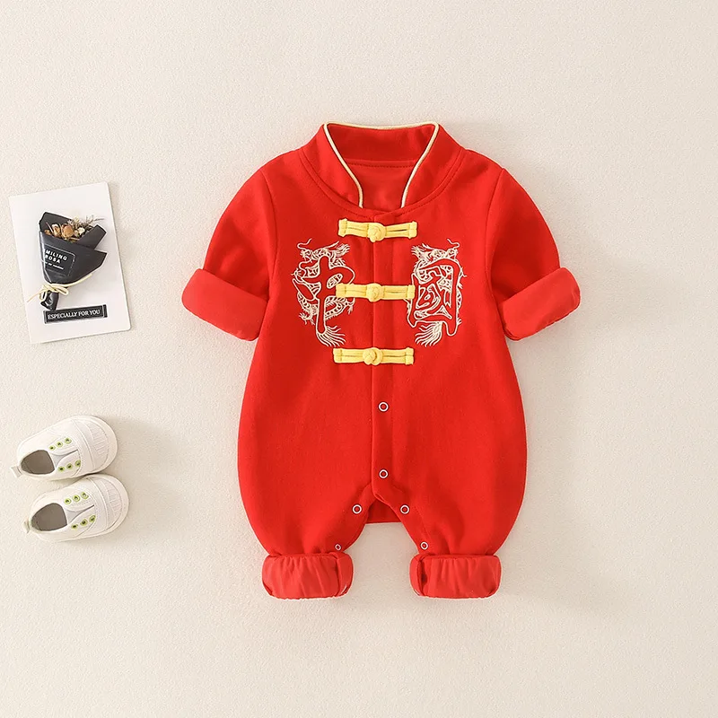 7Colors Infants Jumpsuit Cotton China Style Auspicious Embroidery New Year Clothes Red Baby Celebrate First Birthday Rompers