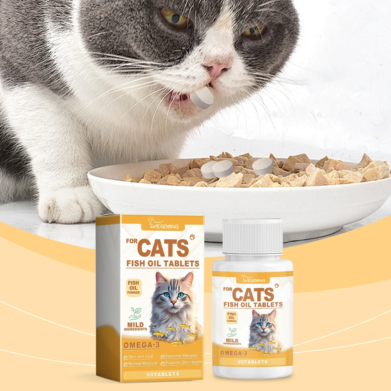 Yegbong Cat Multi-dimensional Fish Oil Tablets, Pampering Cat Care Vitamins Moisturizing Skin Fish Oil Care Tablets