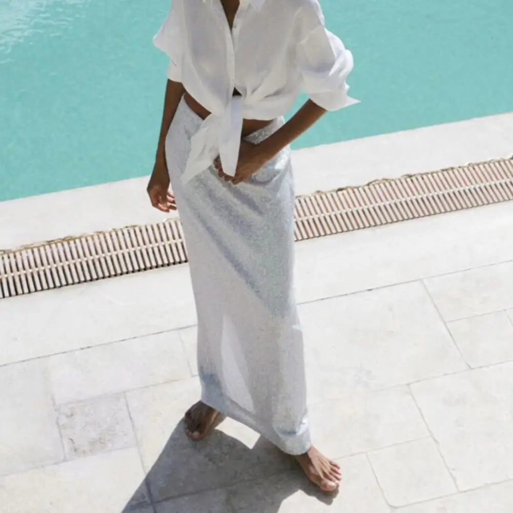 

Однотонная юбка-макси с блестками и высокой талией для женщин, блестящая пляжная юбка длиной до щиколотки, Однотонная юбка с молнией и разрезом сзади