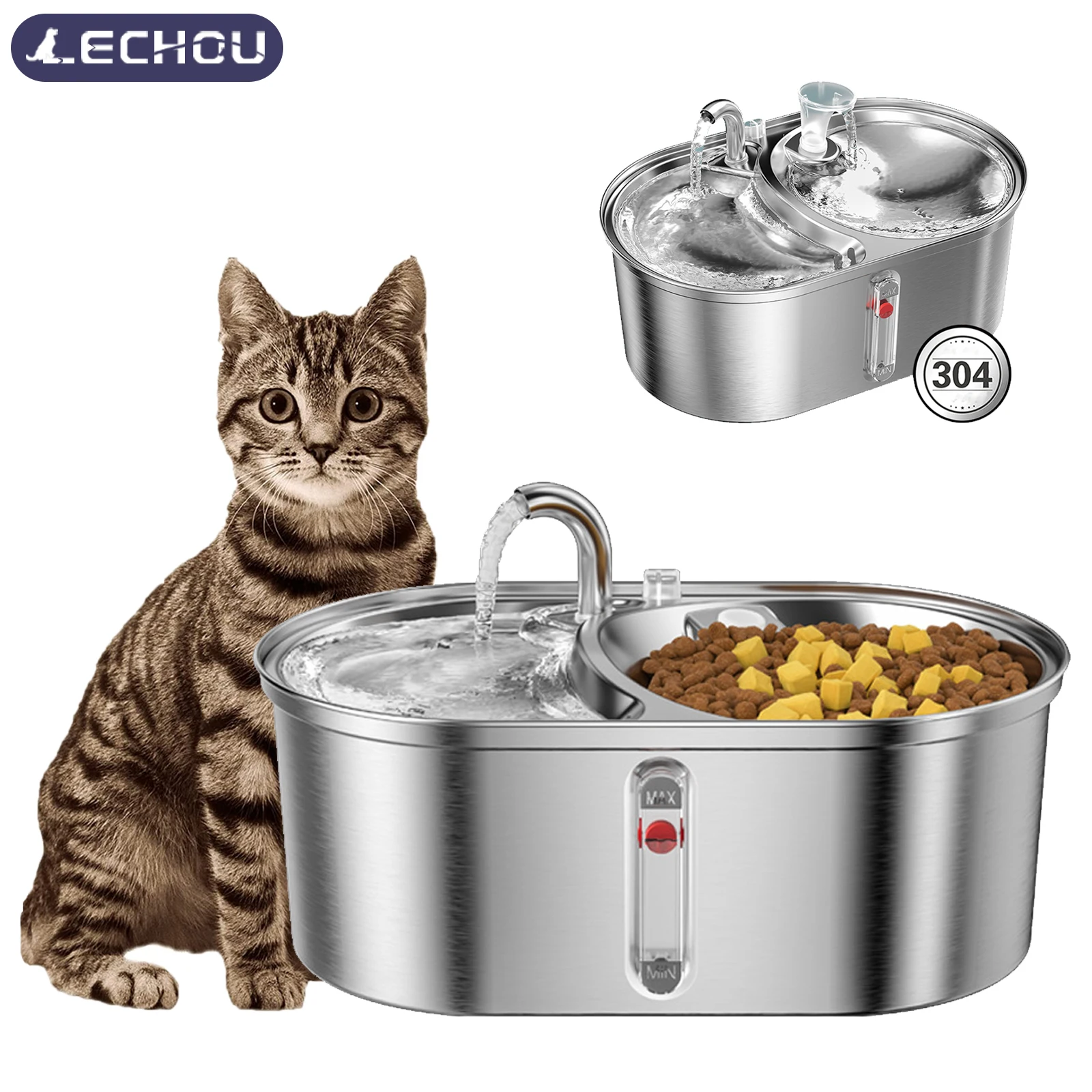 

Cat Water Fountain 3L Automatic Stainless Steel Double Bowl Pet Feeding Drinking Dog Water Dispenser Ultra-Quiet Pump