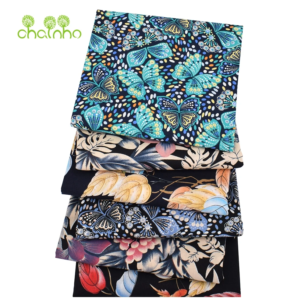 Chainho,Printed Plain Weave Poplin Cotton Fabric,DIY Sewing Quilting Material,Patchwork Cloth,Dark Floral Series,4 Sizes,PCC31
