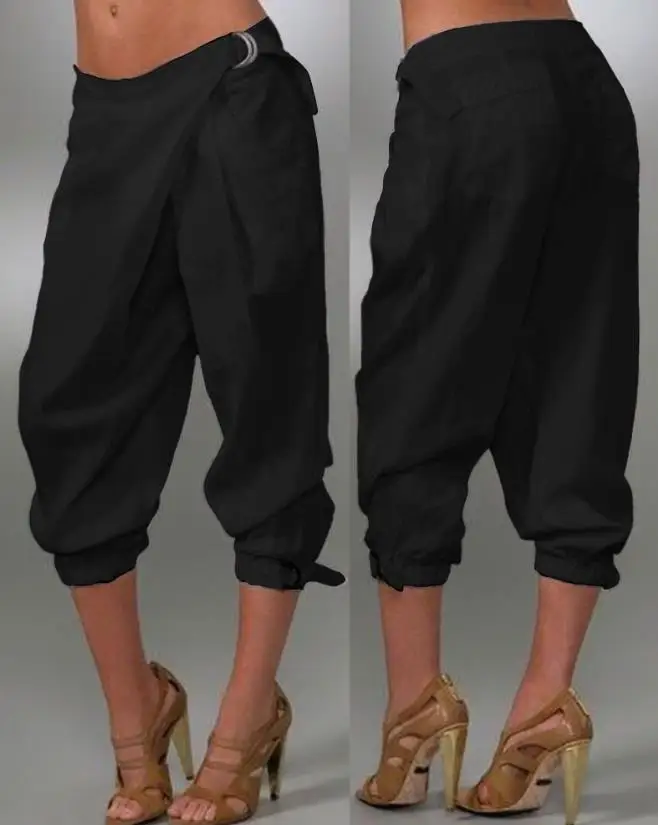Women\'s Cropped Pants 2023 Summer Solid Color Buckle Pocket Design Cuffed Pants High Waist Casual Loose Capris Trendy Streetwear